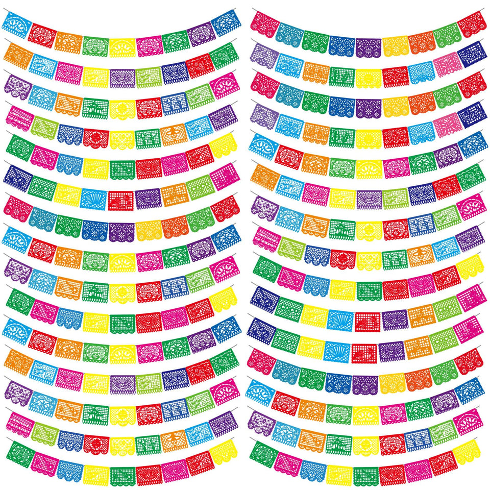 Kinlop 540ft Mexican banners collection unrolled for a festive backyard celebration; long-lasting outdoor decor.