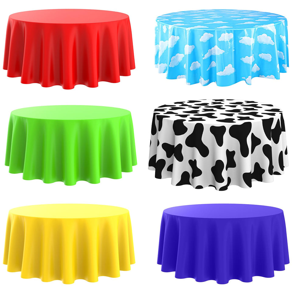 Kinlop round tablecloth with blue sky clouds design for easy cleanup at gatherings.