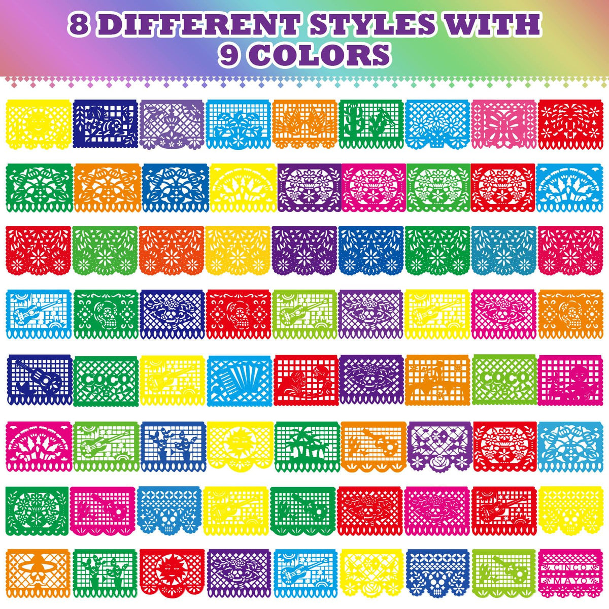 Kinlop Cinco de Mayo papel picado banners closeup showcases ornate cutouts for festive ambience.