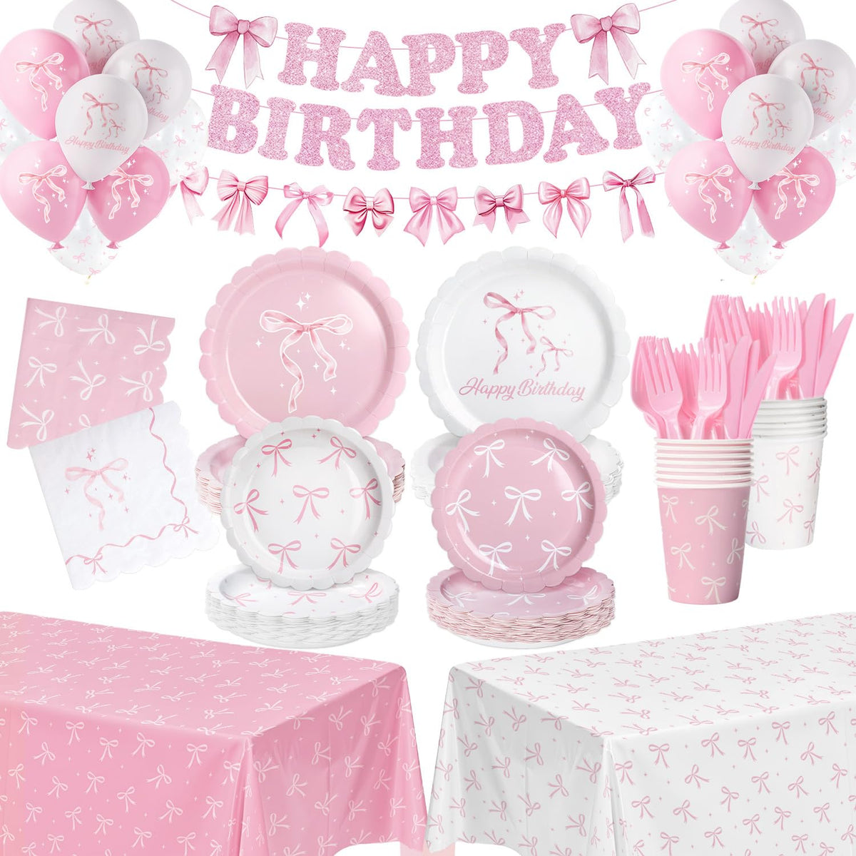 Kinovo pink bow party set with coordinated tableware and decorations for a cohesive look