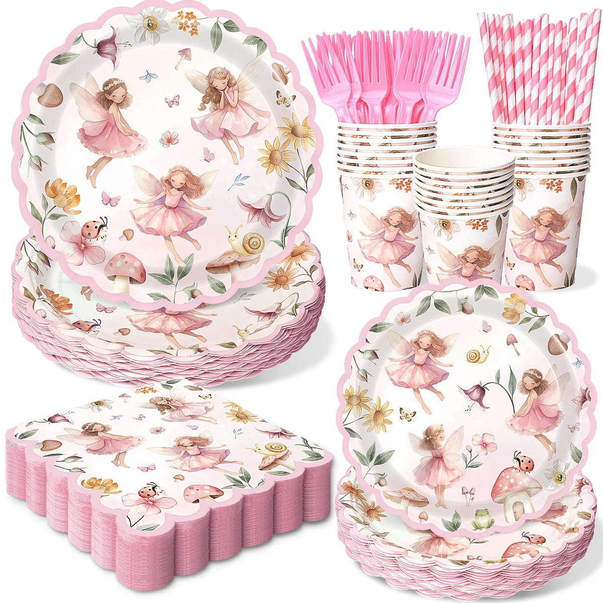 Kinovo fairy plates and napkins set for elegant tableware and quick cleanup at parties.