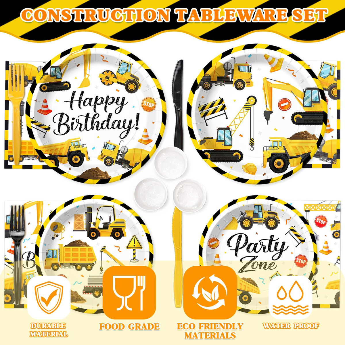 Kinovo construction dinner plates sturdy 300gsm for easy serving during celebrations.