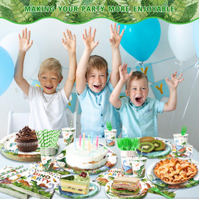 Kinovo dinosaur dessert plates 7in with roar text for themed desserts.