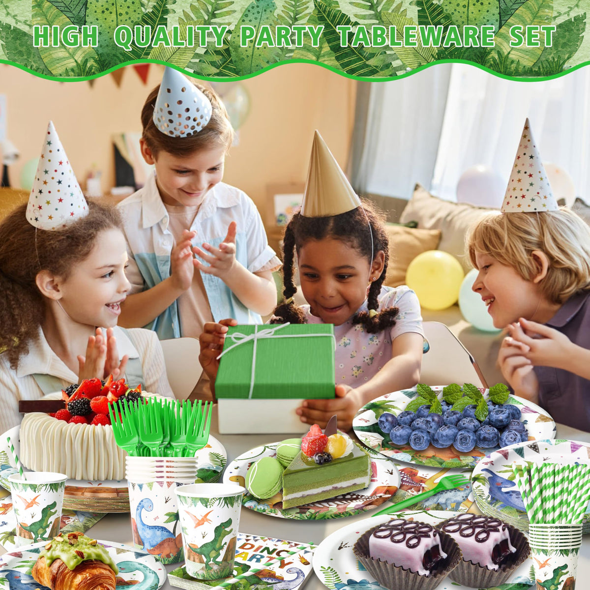 Kinovo dinosaur napkins add vibrant color and quick cleanup after treats.