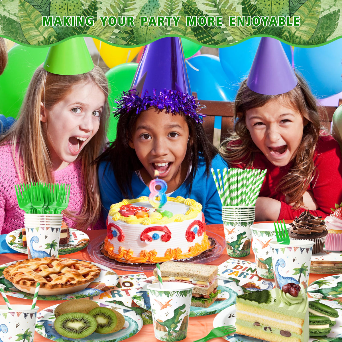 Kinovo dinosaur party-scene tableware highlights cohesive Jurassic decor.