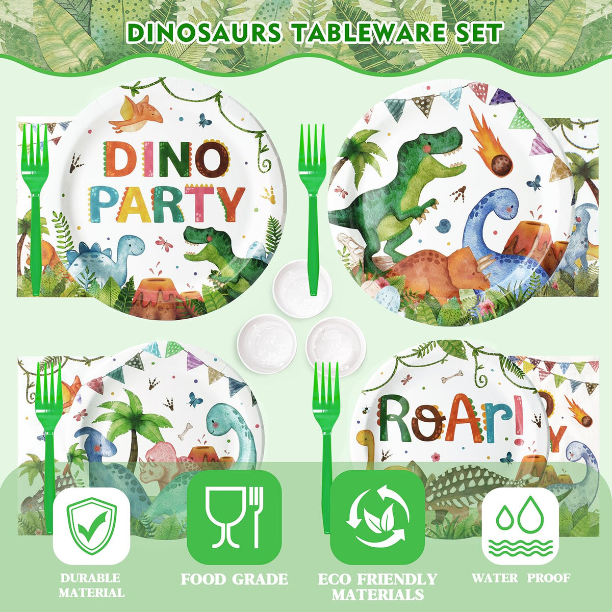 Kinovo dinosaur tableware-packaging shows complete 50-guest set.