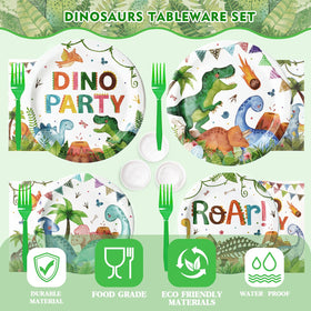 Kinovo dinosaur tableware-packaging shows complete 50-guest set.