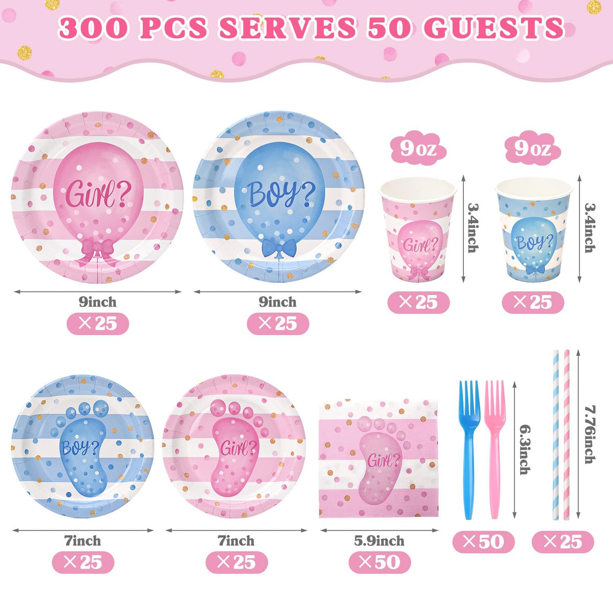 Kinovo gender reveal 7-inch plates in pink and blue designs