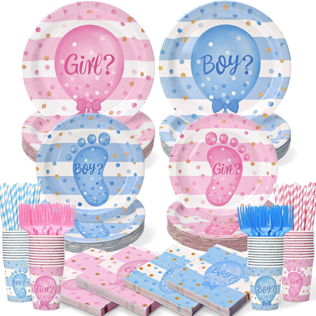 Kinovo gender reveal 9-inch plates in pink and blue with playful feet motif