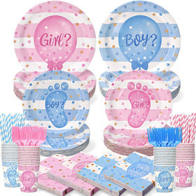 Kinovo gender reveal 9-inch plates in pink and blue with playful feet motif