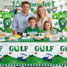 Kinovo golf tablecloth creates a cohesive party backdrop