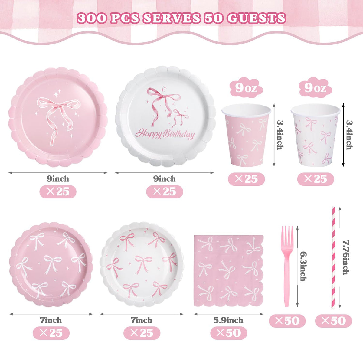 Kinovo pink bow plates 7in perfect for kid parties and desserts