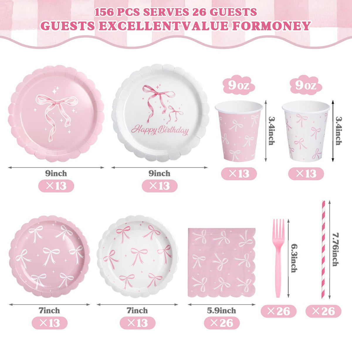 Kinovo pink bow plates 7-inch suit charming kid parties and simple serving.
