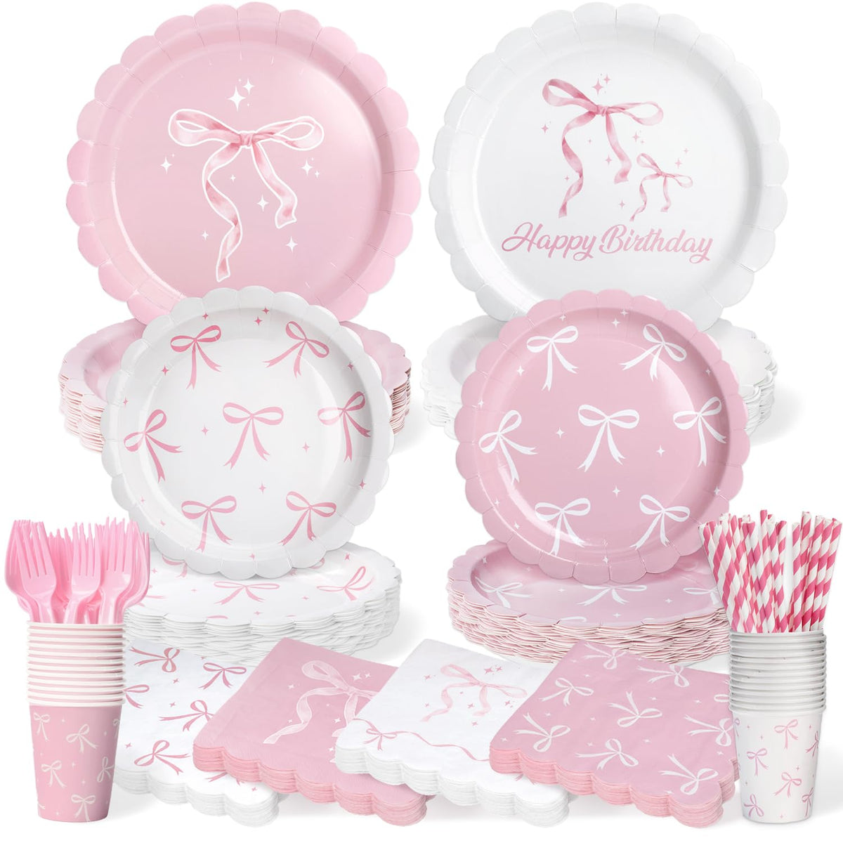 Kinovo pink bow plates 9in for an elegant birthday table setting that serves 50