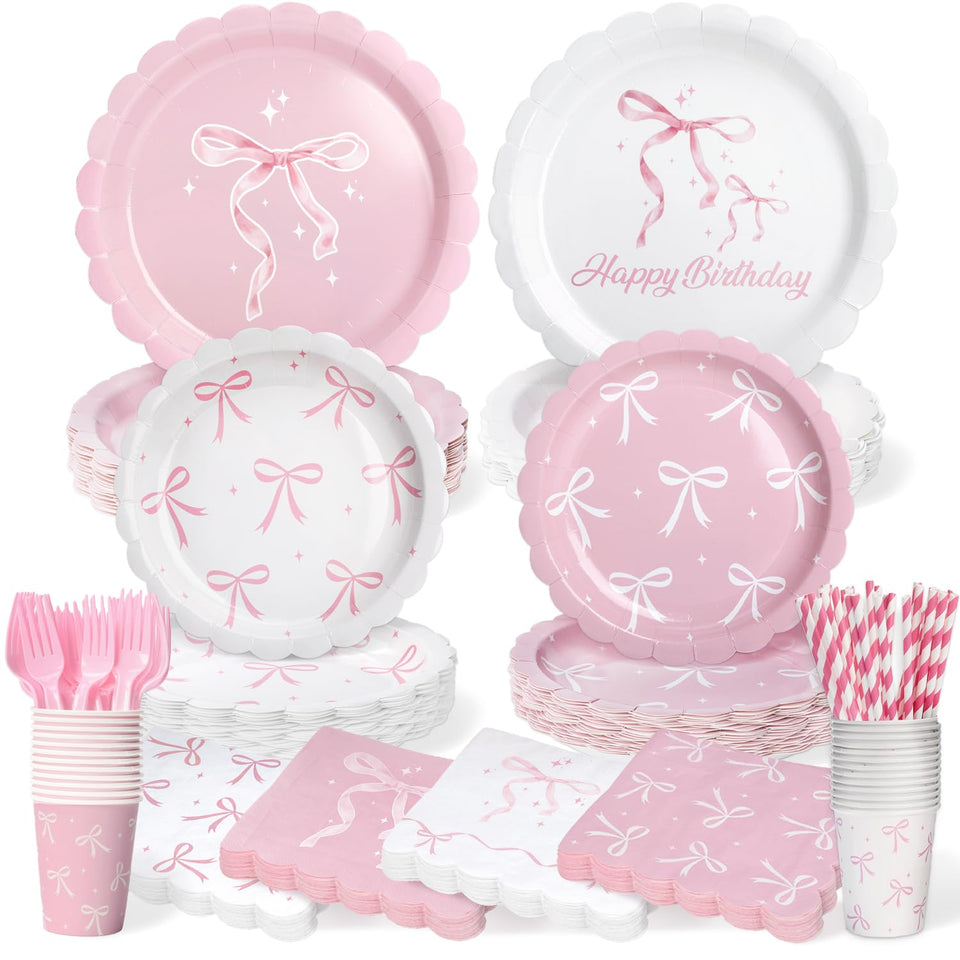Kinovo pink bow plates 9in for an elegant birthday table setting that serves 50