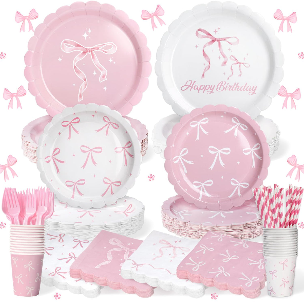 Kinovo pink bow plates 9-inch add festive flair to birthdays and parties.