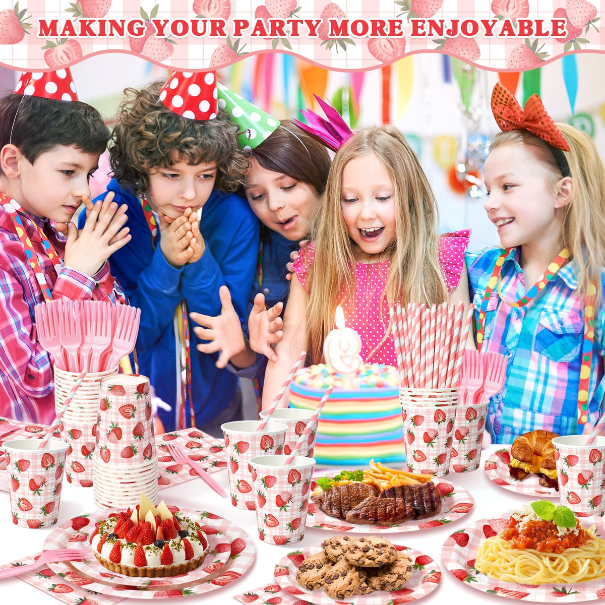 Kinovo strawberry party set complete tableware kit for 24 guests
