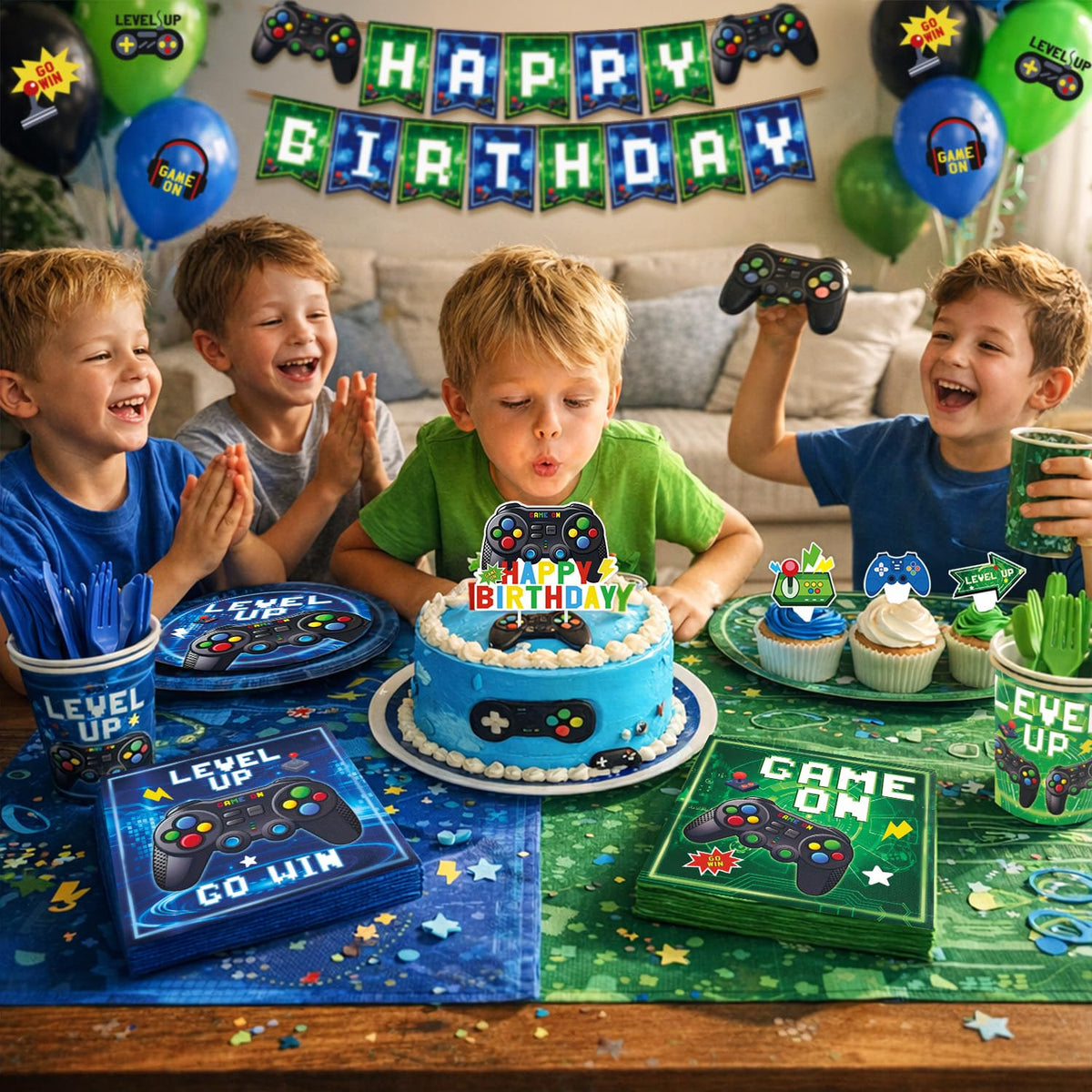 Kinovo video game tablecloth ties the scene together and protects surfaces.