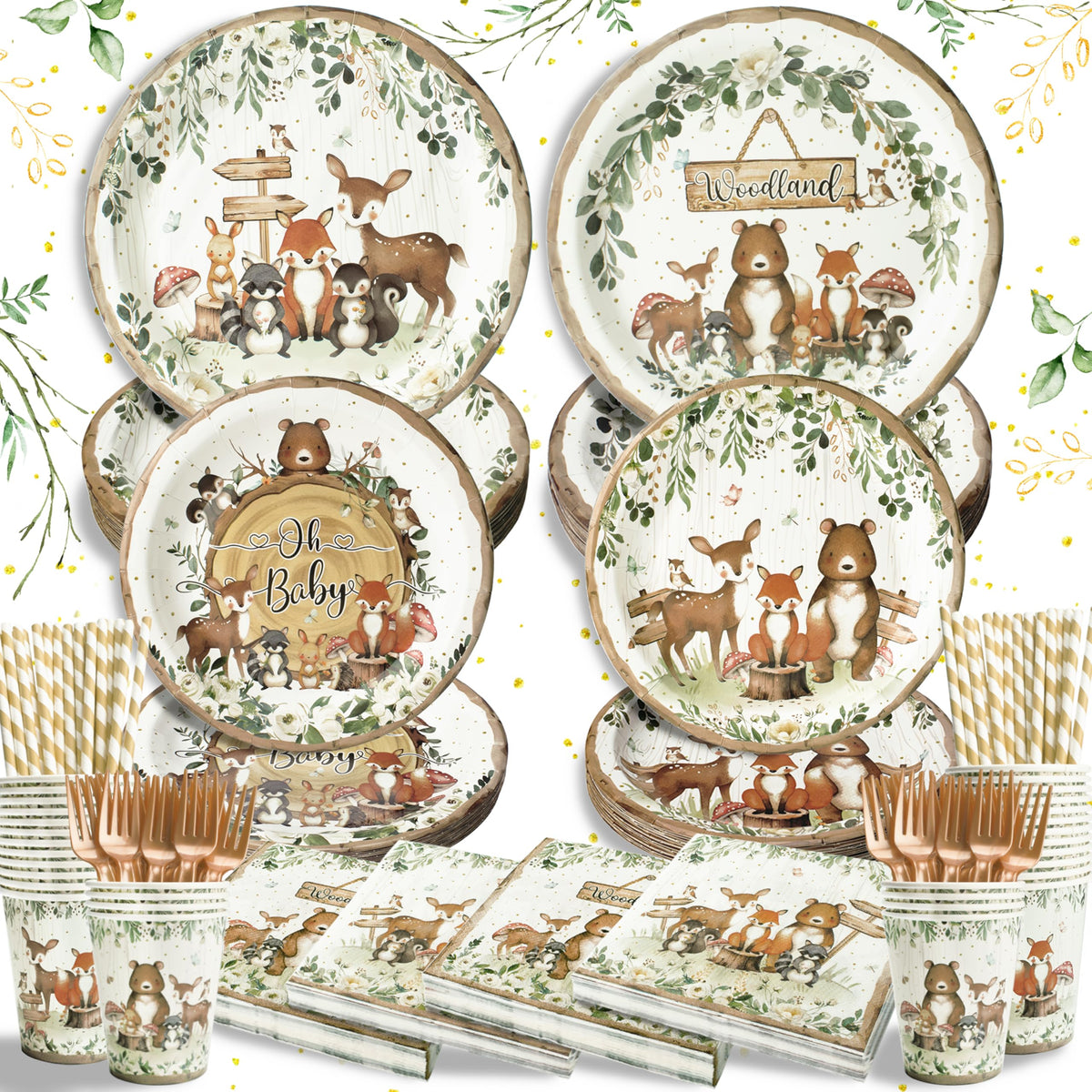 Kinovo Woodland Baby Shower plates with two forest designs for a sturdy table setting