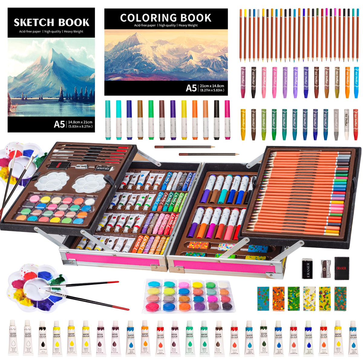 Kinspory Art Set pink aluminum case opened showing 139-piece collection for kids' creativity.