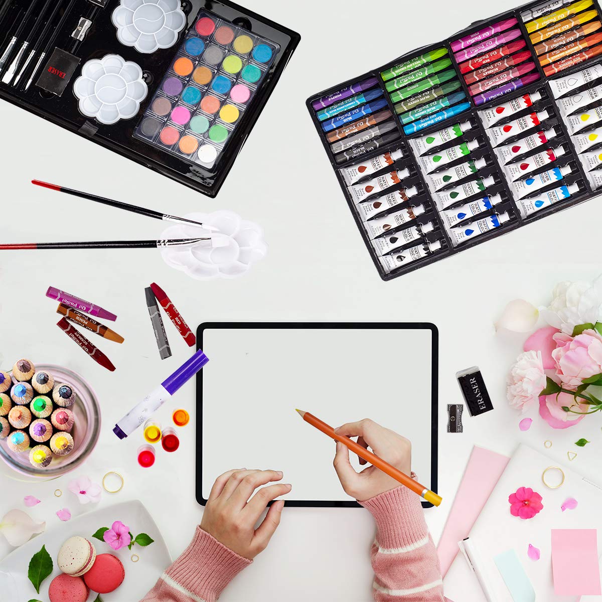 KINSPORY Deluxe Art Supplies Kit palettes and brushes for color mixing