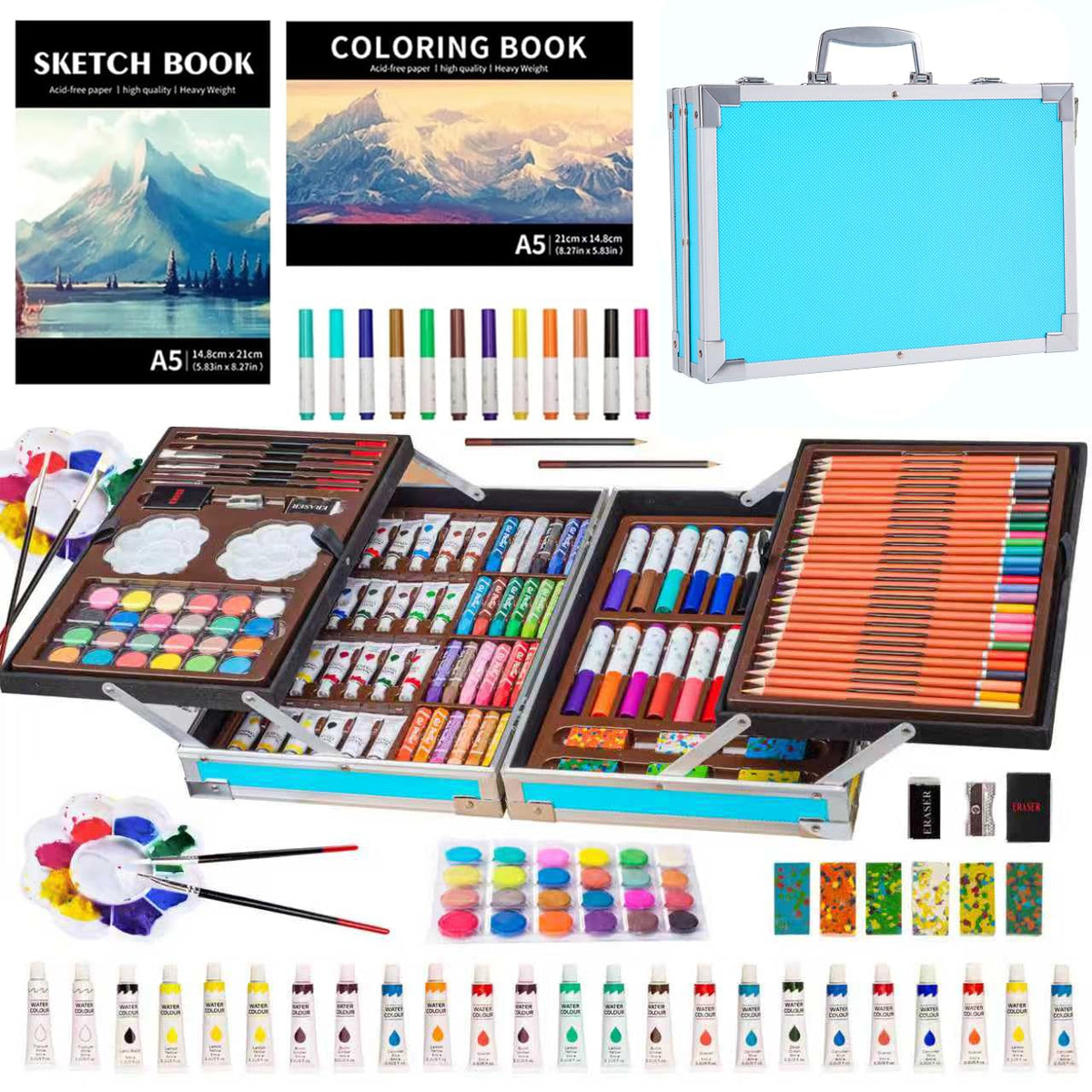 KINSPORY Deluxe Art Supplies Kit contents sketch pad and watercolors for budding artists