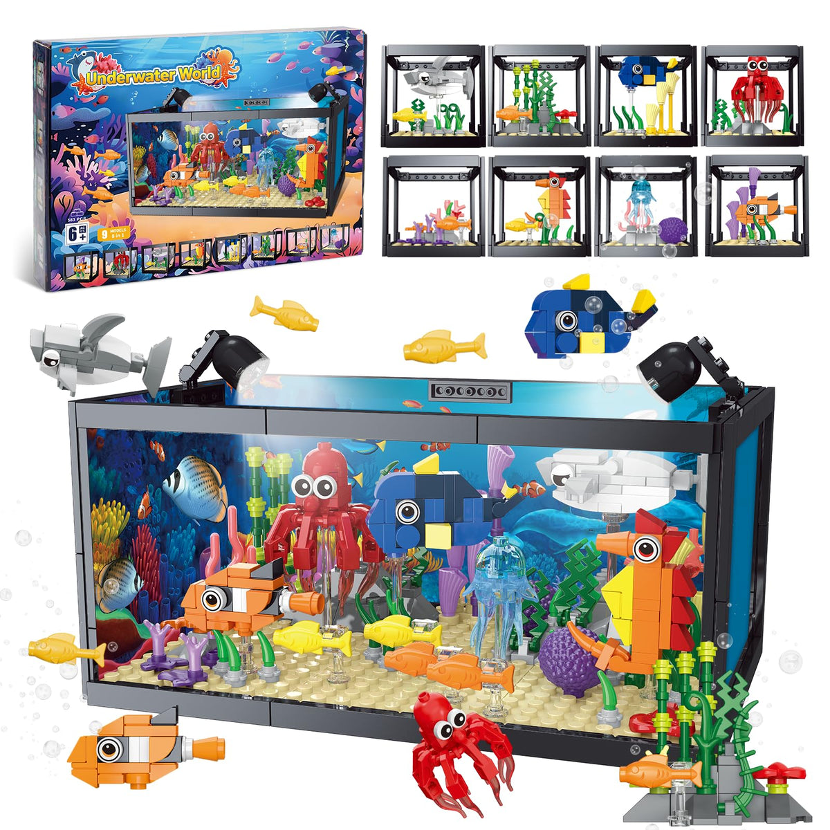 Kiothdre 8-in-1 fish tank set with LED ocean scene for desk decor and play
