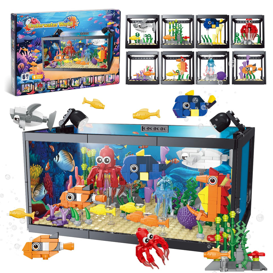 Kiothdre 8-in-1 fish tank set with LED ocean scene for desk decor and play