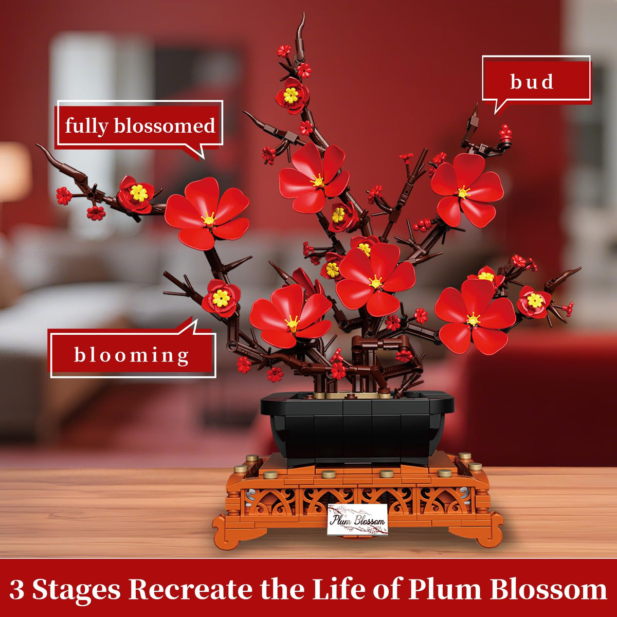Kiothdre Plum Blossom wooden pot display showcases a stylish centerpiece for any room.