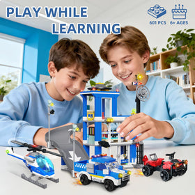 Kiothdre police car and helicopter set supports dynamic police pursuit play.