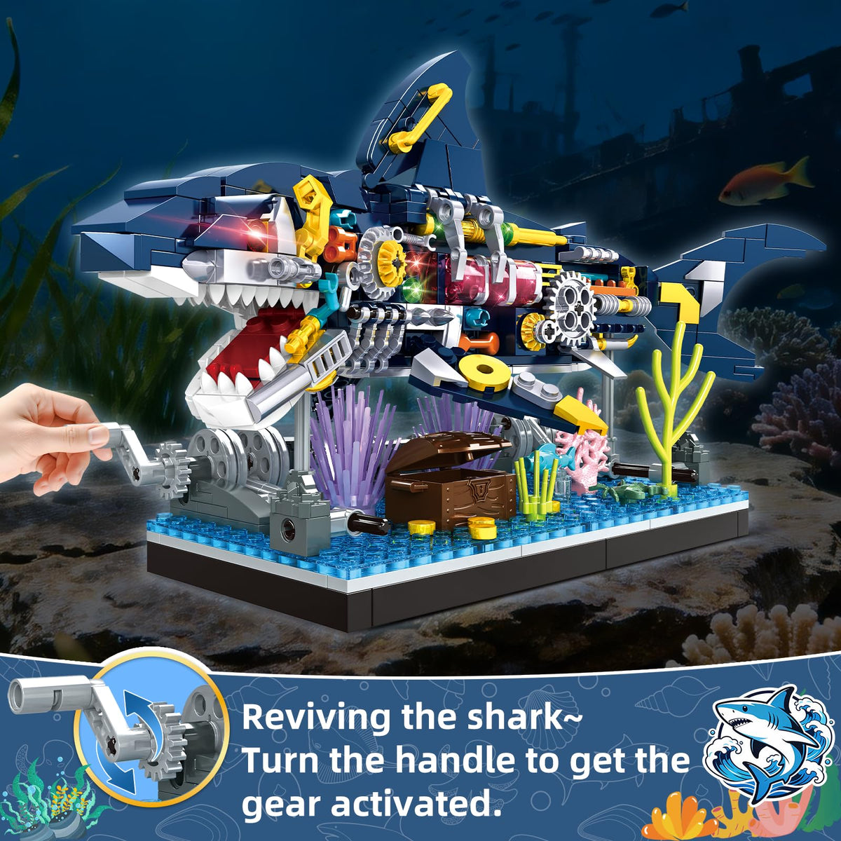 Assembled Kiothdre shark demonstrates tail movement for interactive learning.