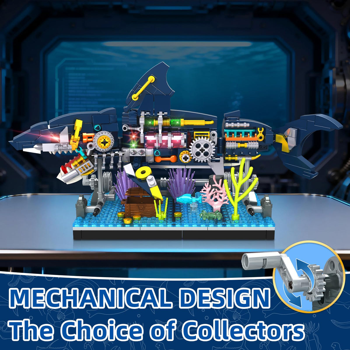 Close-up gears reveal the semi-mechanical design powering the action.