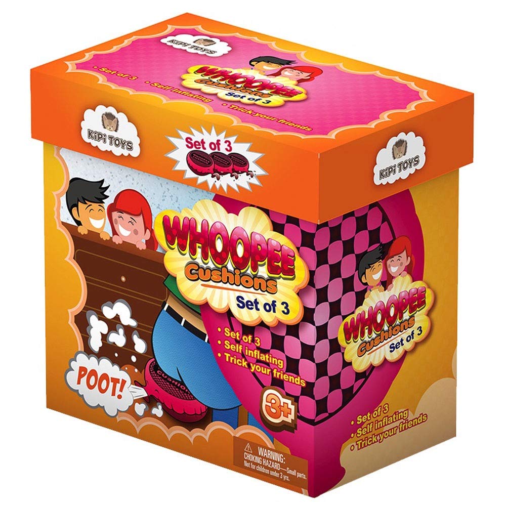 Kipi Toys Whoopee Cushion set of 3, self-inflated 7-inch cushions for instant pranks.