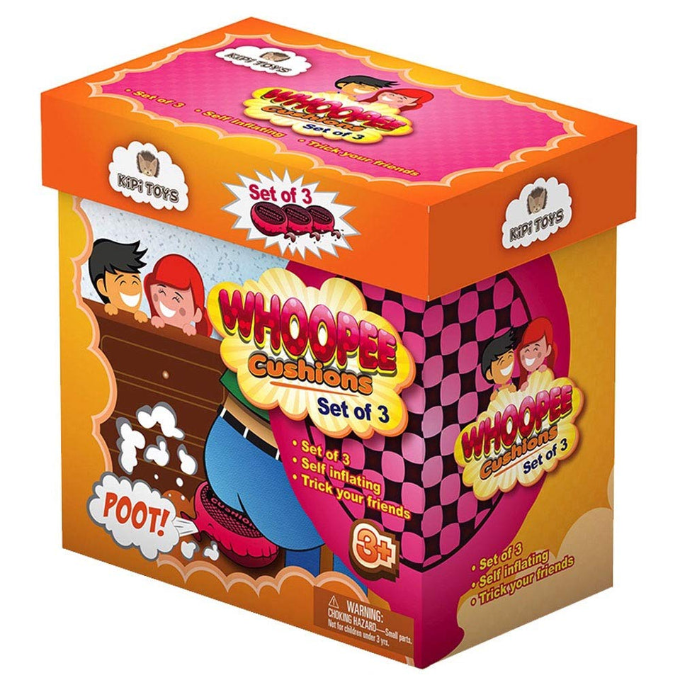 Kipi Toys Whoopee Cushion set of 3, self-inflated 7-inch cushions for instant pranks.