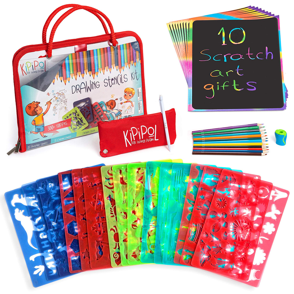 Kipipol 63-pcs drawing stencils kit for kids, versatile tracing set