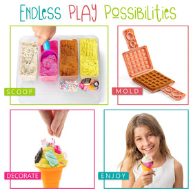 Kipipol Moon Sand toppings and cones arranged for colorful pretend toppings.