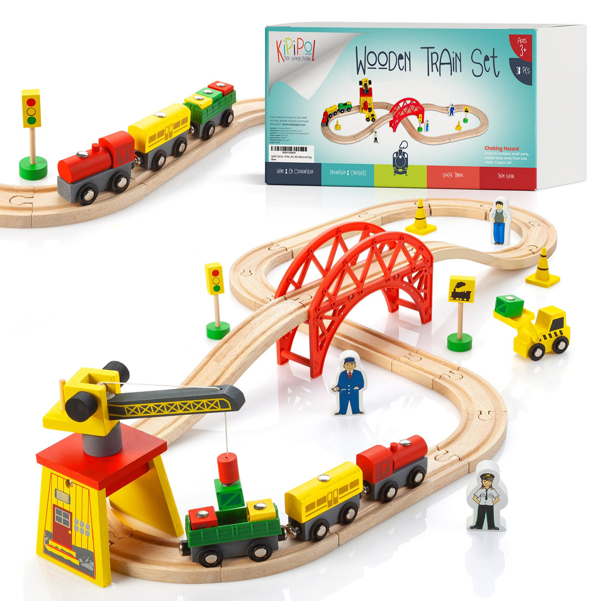 KipiPol wooden train set with 38 pieces ready for imaginative play and building.