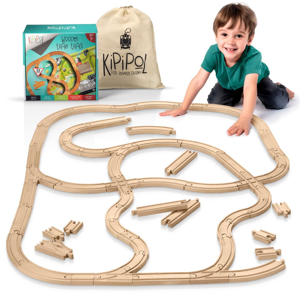 KipiPol wooden train track collection with varied pieces for creative layouts and endless play