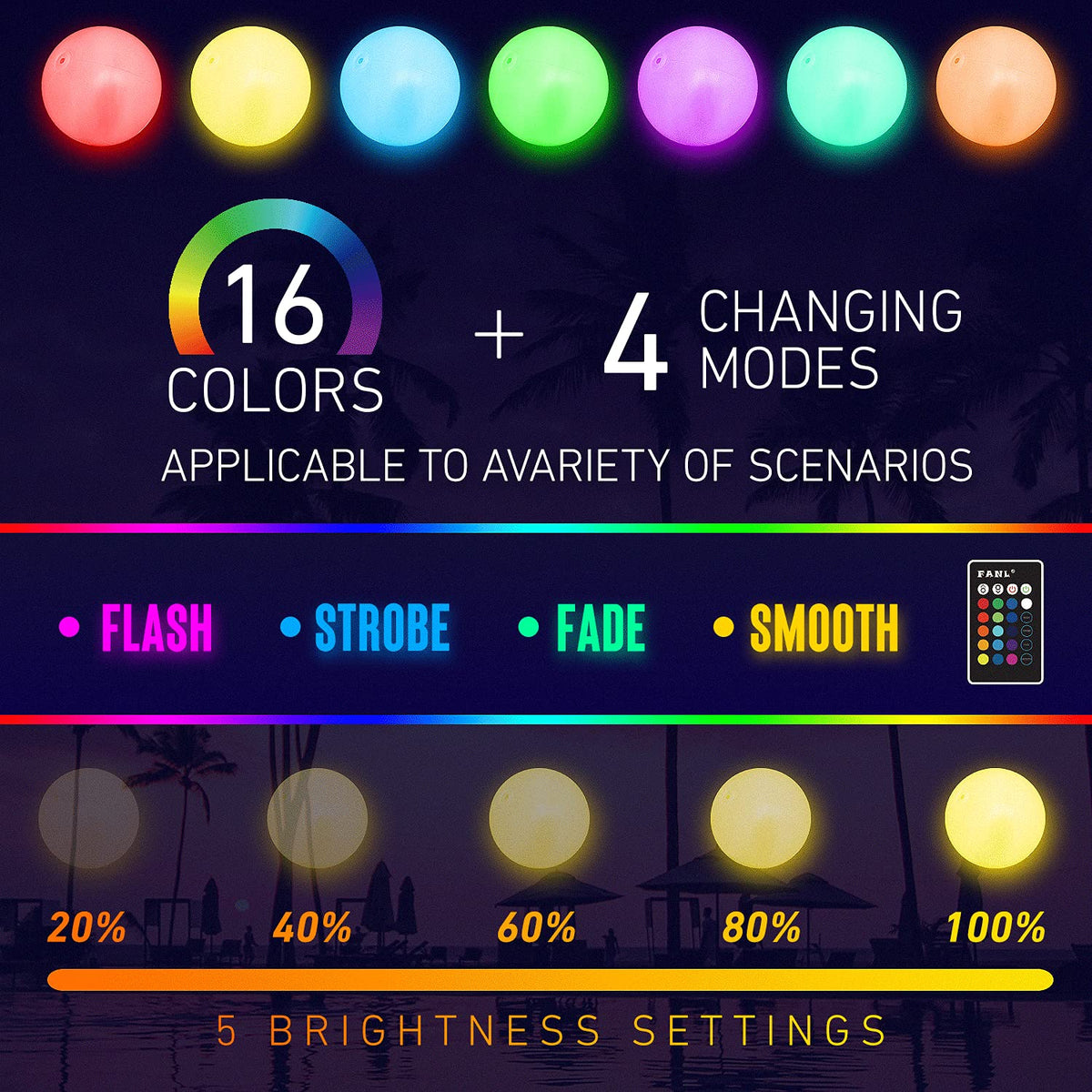 KIRALUMI LED Beach Ball showing four light modes at night.