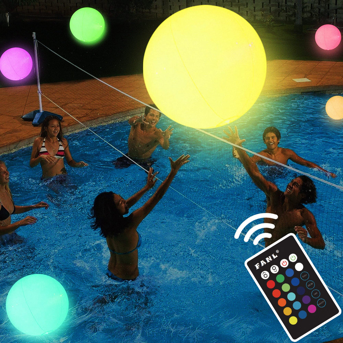 KIRALUMI LED Beach Ball with remote control for vibrant pool nights.