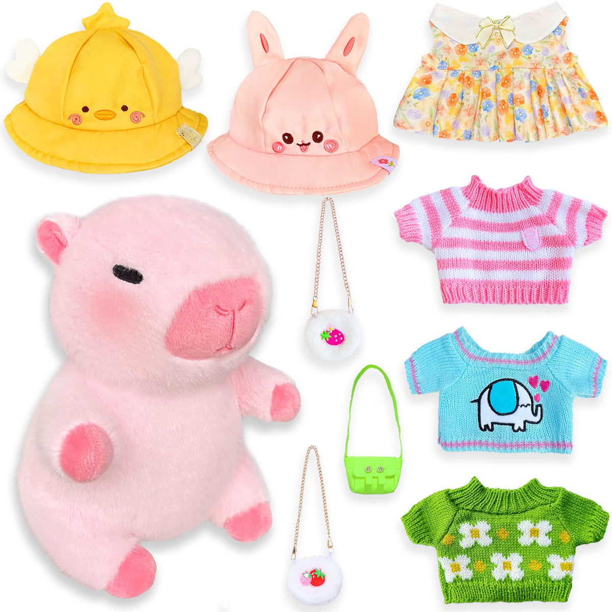 Kireidane capybara plush with 9 outfits shown on a soft toy for play