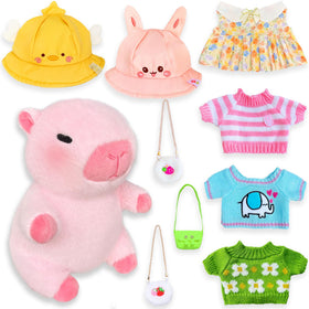 Kireidane capybara plush with 9 outfits shown on a soft toy for play