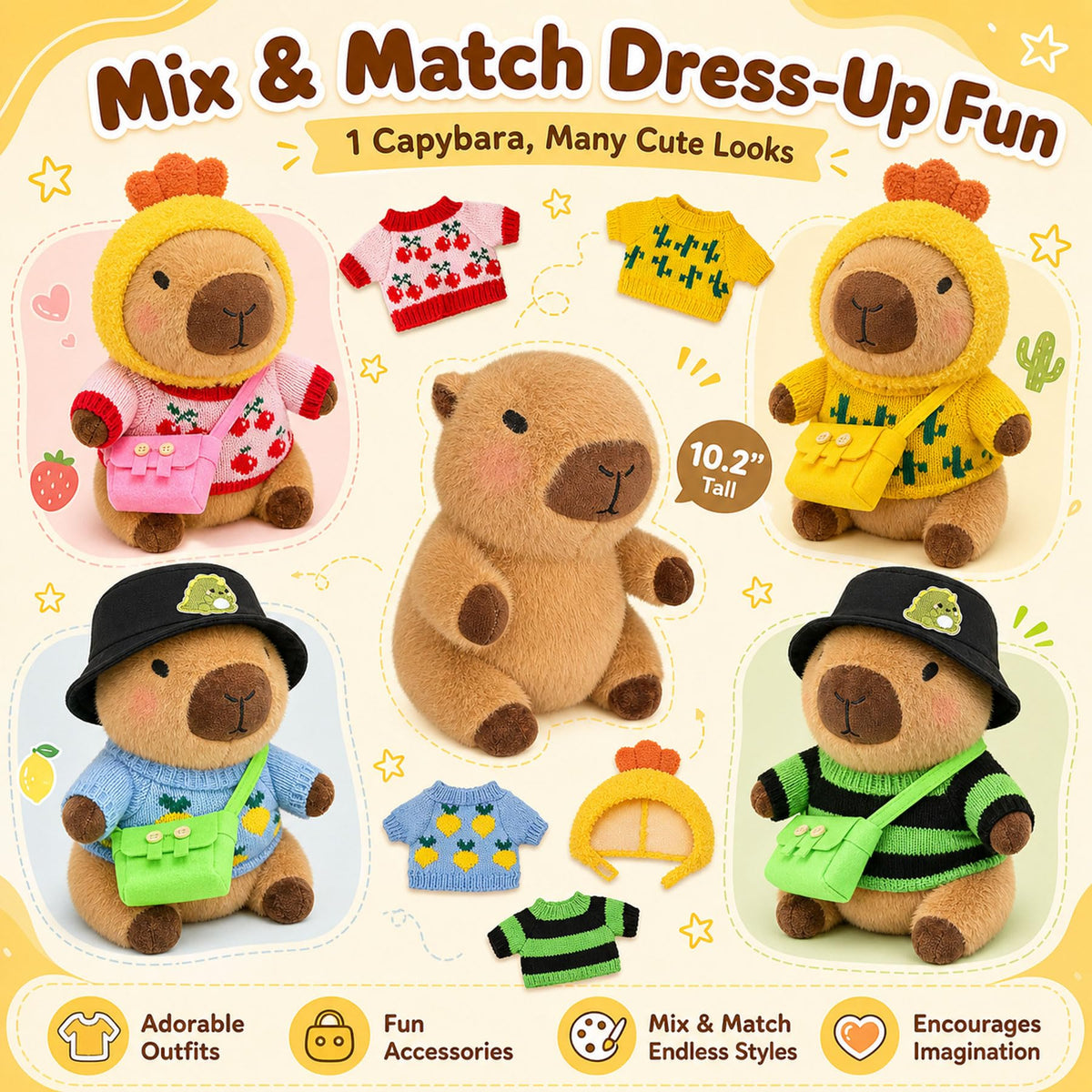 Kireidane Capybara Plush includes 9 accessories to spark creative storytelling.