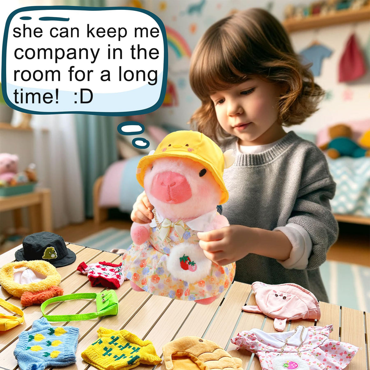 Educational dress-up session with Kireidane Capybara plush boosts imagination and coordination.