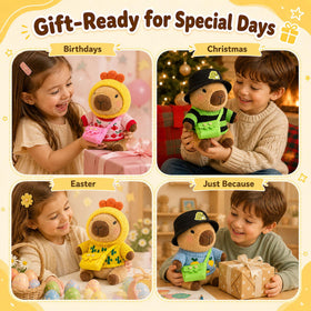 Kireidane Capybara Plush with four sweaters for mix-and-match outfits.