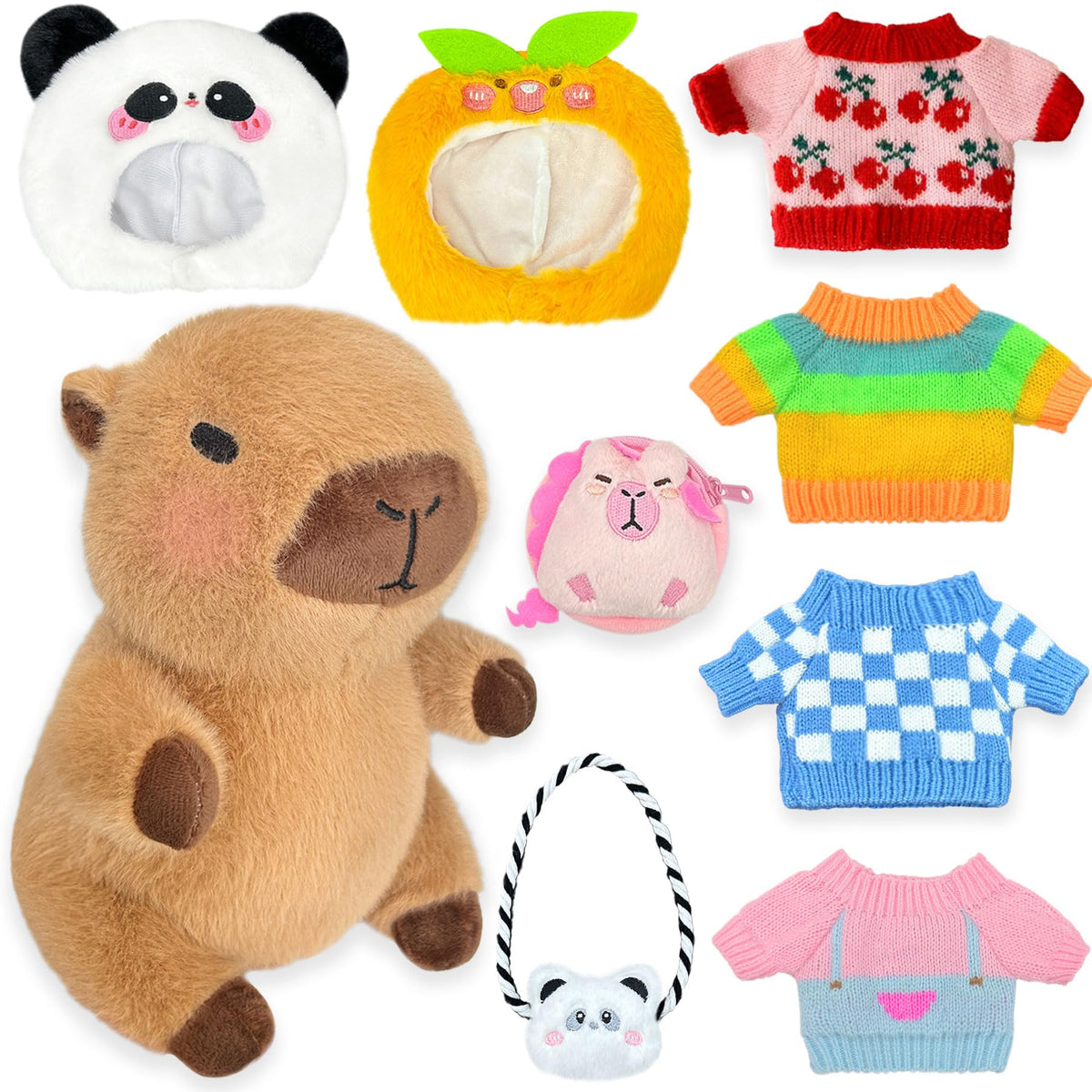 Kireidane Capybara plush with nine outfits ready for dress-up play.