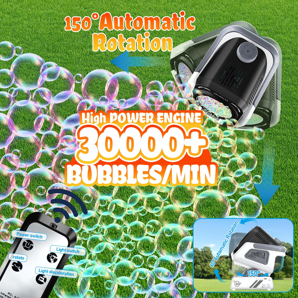 Kiskey Bubble Machine LED lights cycle through seven colors for ambiance.