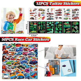 KISPATTI race-car stickers on sheets enhance party décor and fun.