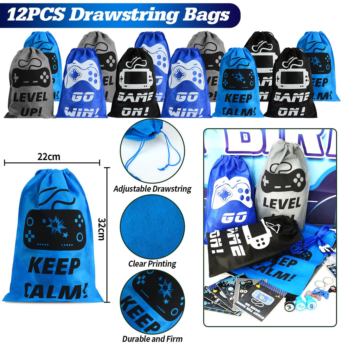 KISPATTI six-color drawstring bags highlight sturdy non-woven fabric.