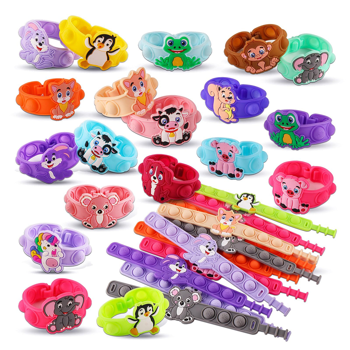 Kiss Monkey animal pop bracelets pack 24 offers colorful party favors for kids.